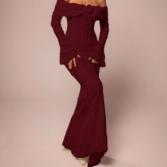 Burgundy Elegant Women's Off-Shoulder Maxi Dress - Picture 7 of 8
